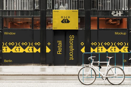 Urban storefront mockup with pixel art design elements on signage and a parked bicycle in front, perfect for designers' retail presentations.